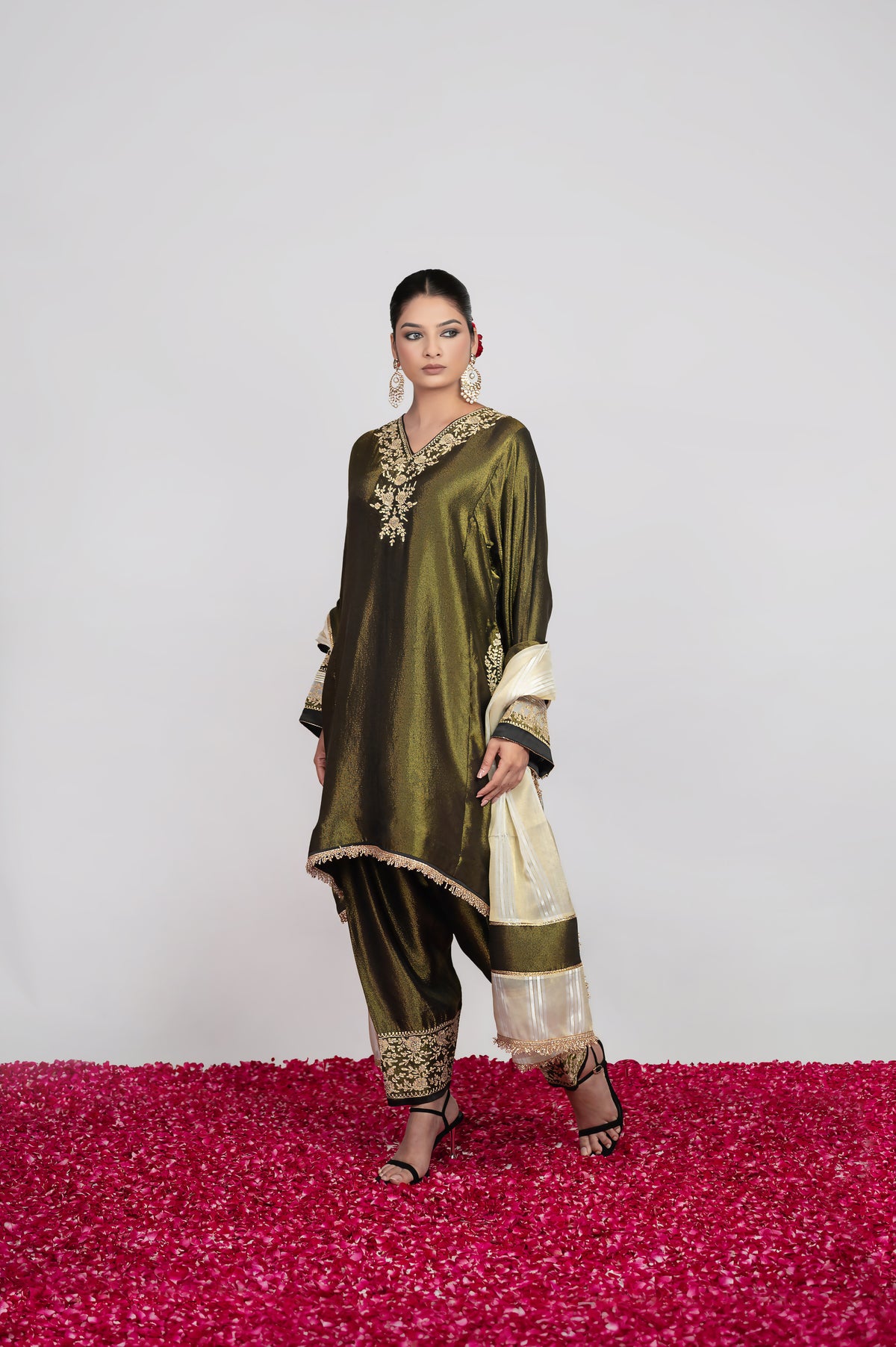 Rang-e-Shab | Deep Forest Embroidered Suit With Stripes Dupatta