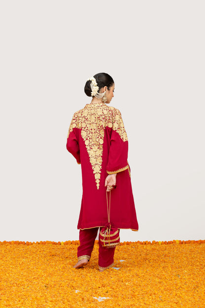 Cherry Red Crepe Aari Shoulder Set with Potli