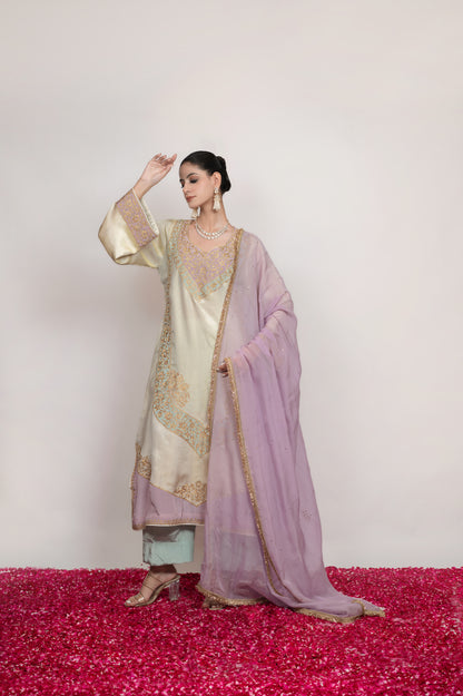 Rang-e-Mehtab | Ivory, Lilac Embroidered Suit