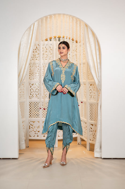 Nilofar | Powder Blue Embroidered Pheran with Tulip Pants