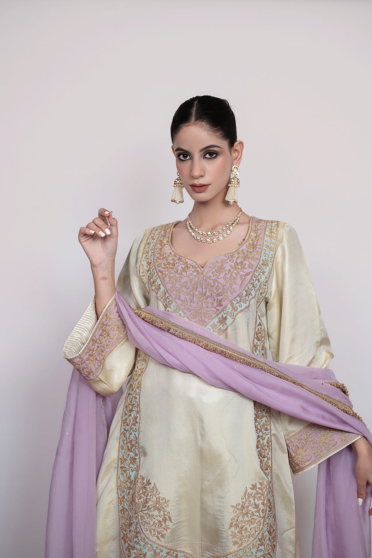 Rang-e-Mehtab | Ivory, Lilac Embroidered Suit