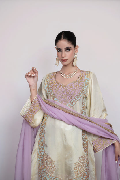 Rang-e-Mehtab | Ivory, Lilac Embroidered Suit