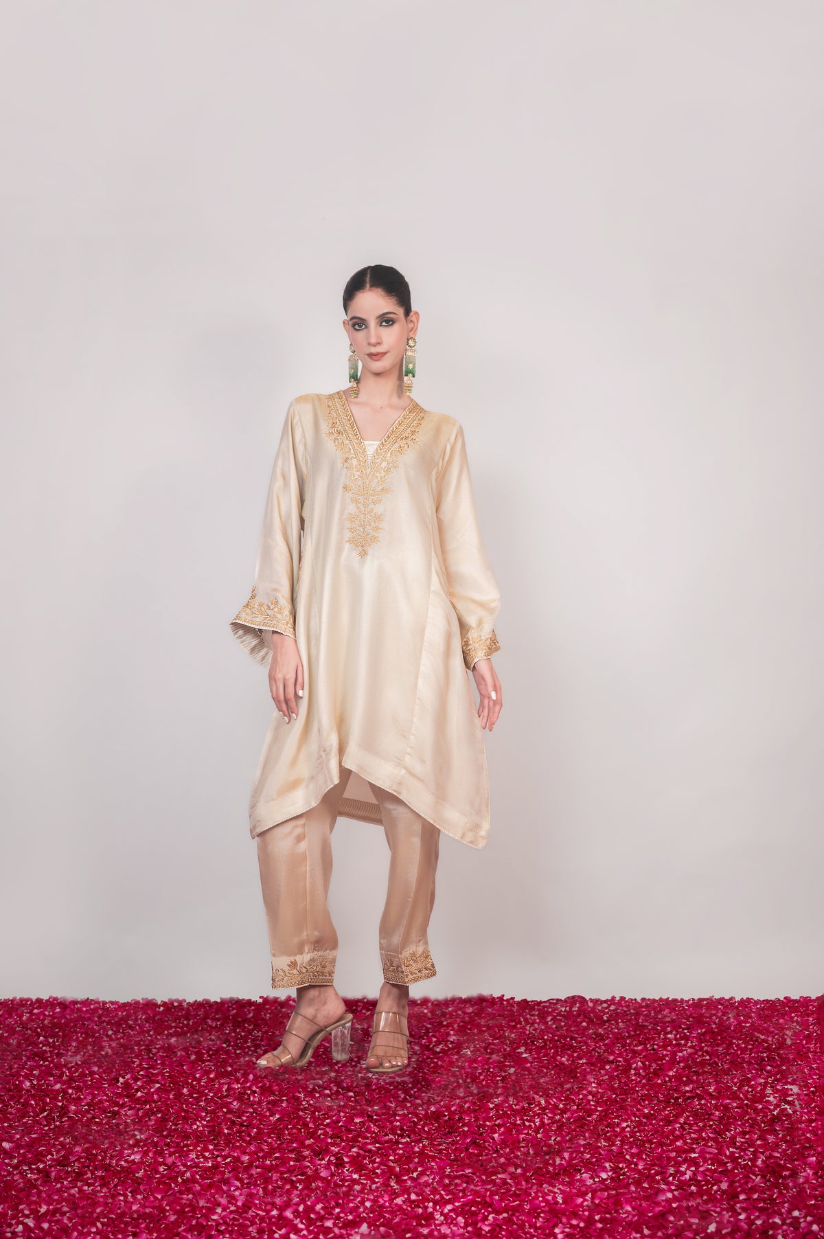Aftab-e-Shaam | Ivory Embroidered Satin Tissue Pheran Set
