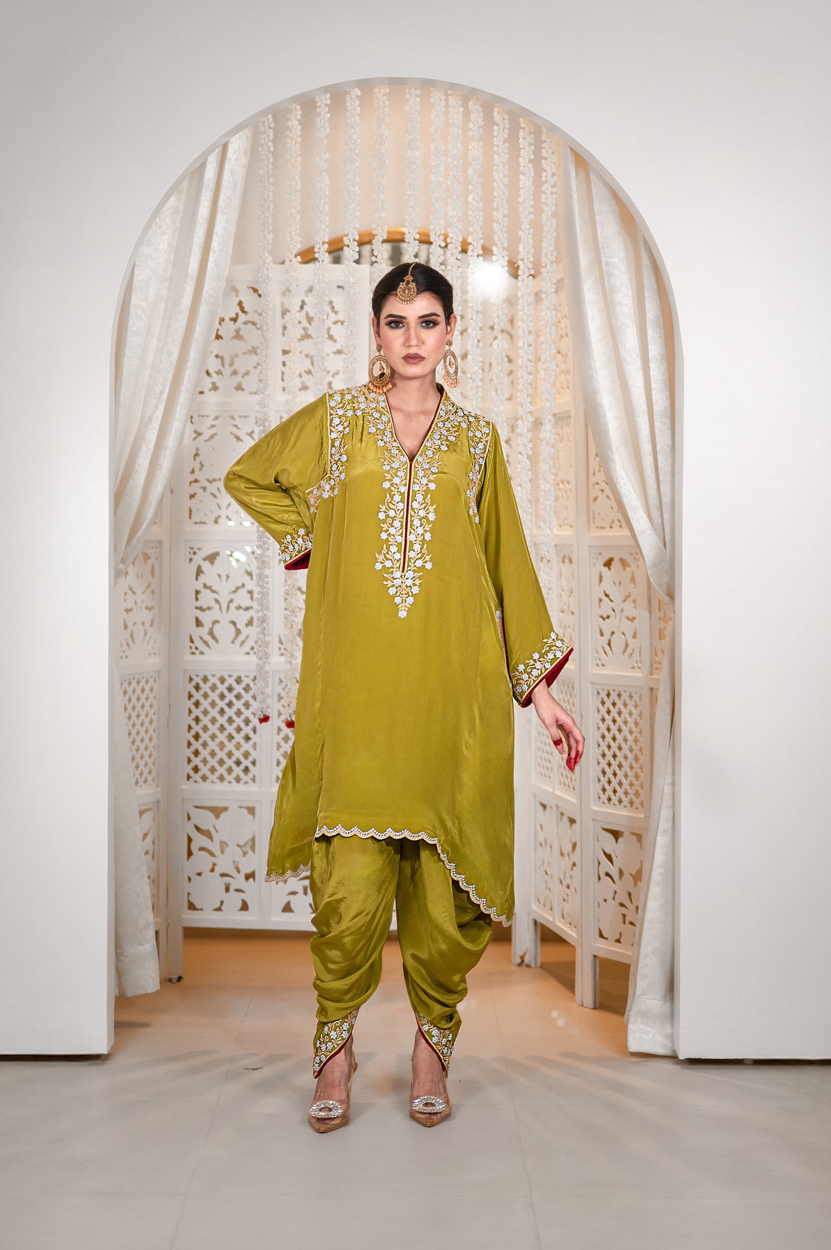 Gulnaar | Mehendi Green Embroidered Pheran with Dhoti Pants