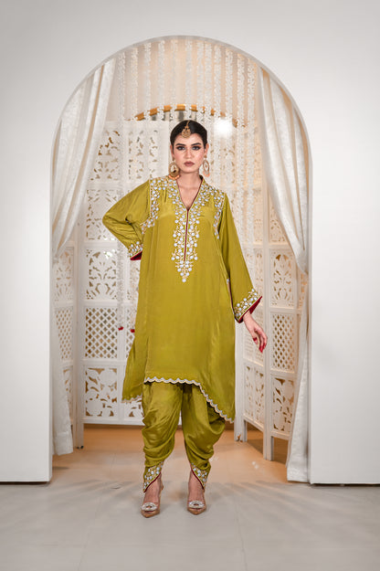 Gulnaar | Mehendi Green Embroidered Pheran with Dhoti Pants