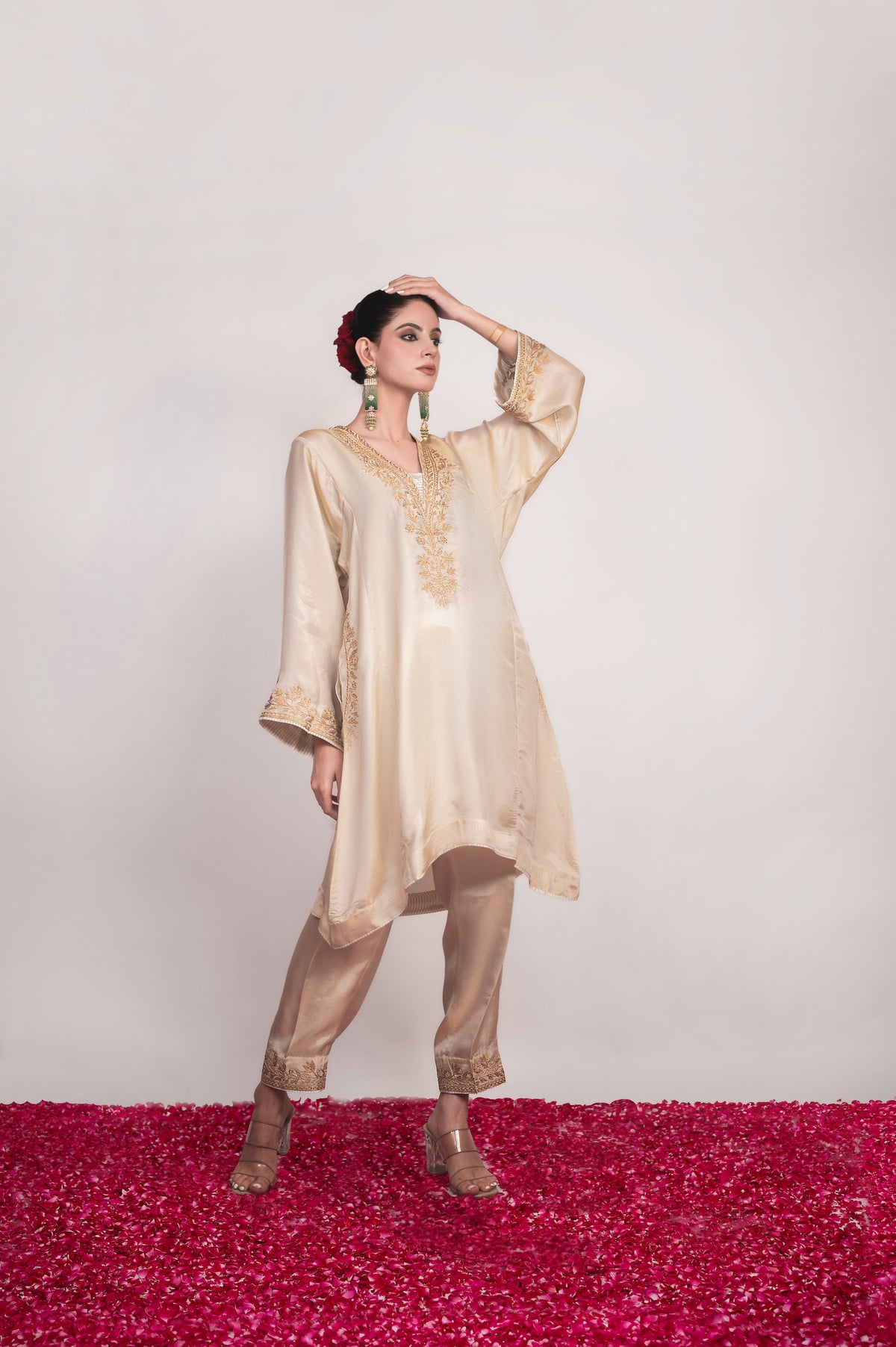 Aftab-e-Shaam | Ivory Embroidered Satin Tissue Pheran Set