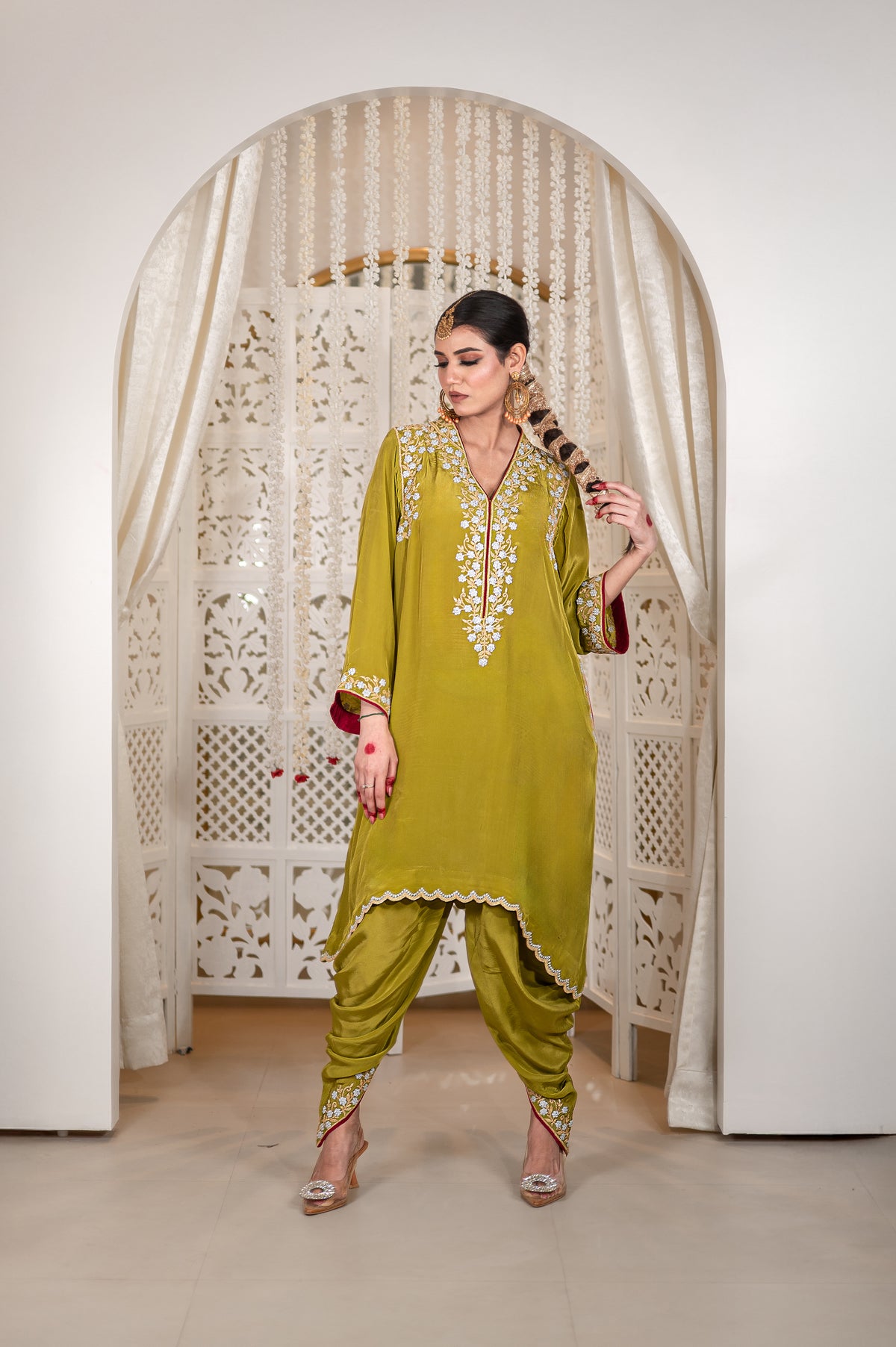 Gulnaar | Mehendi Green Embroidered Pheran with Dhoti Pants