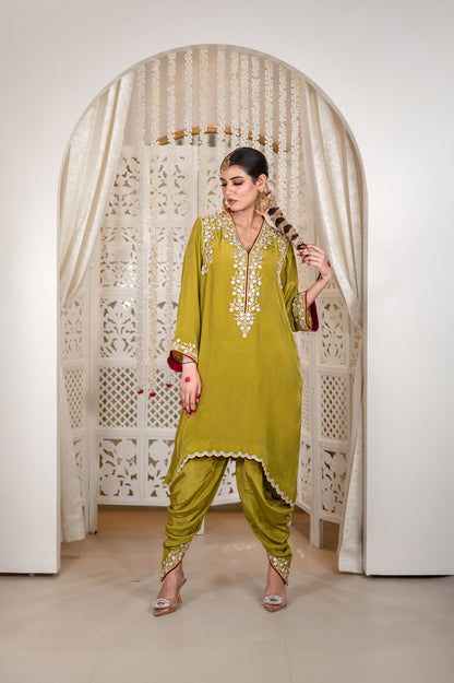 Gulnaar | Mehendi Green Embroidered Pheran with Dhoti Pants