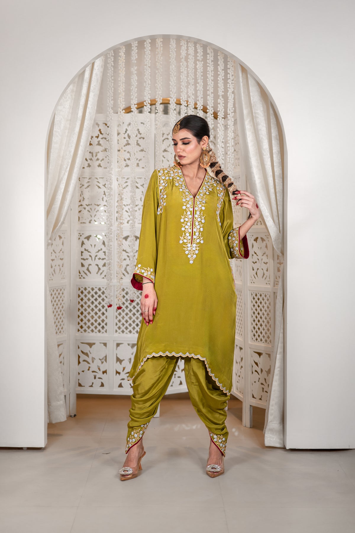 Gulnaar | Mehendi Green Embroidered Pheran with Dhoti Pants