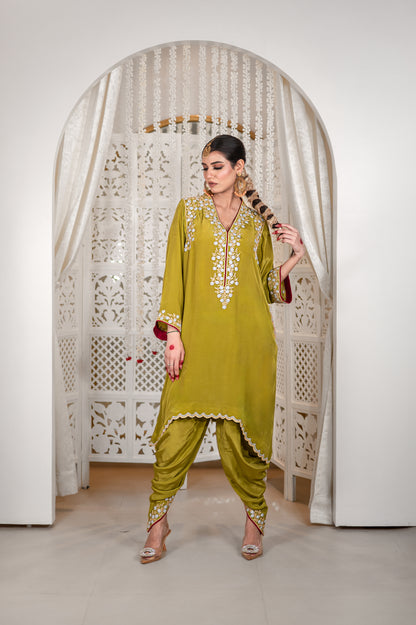 Gulnaar | Mehendi Green Embroidered Pheran with Dhoti Pants