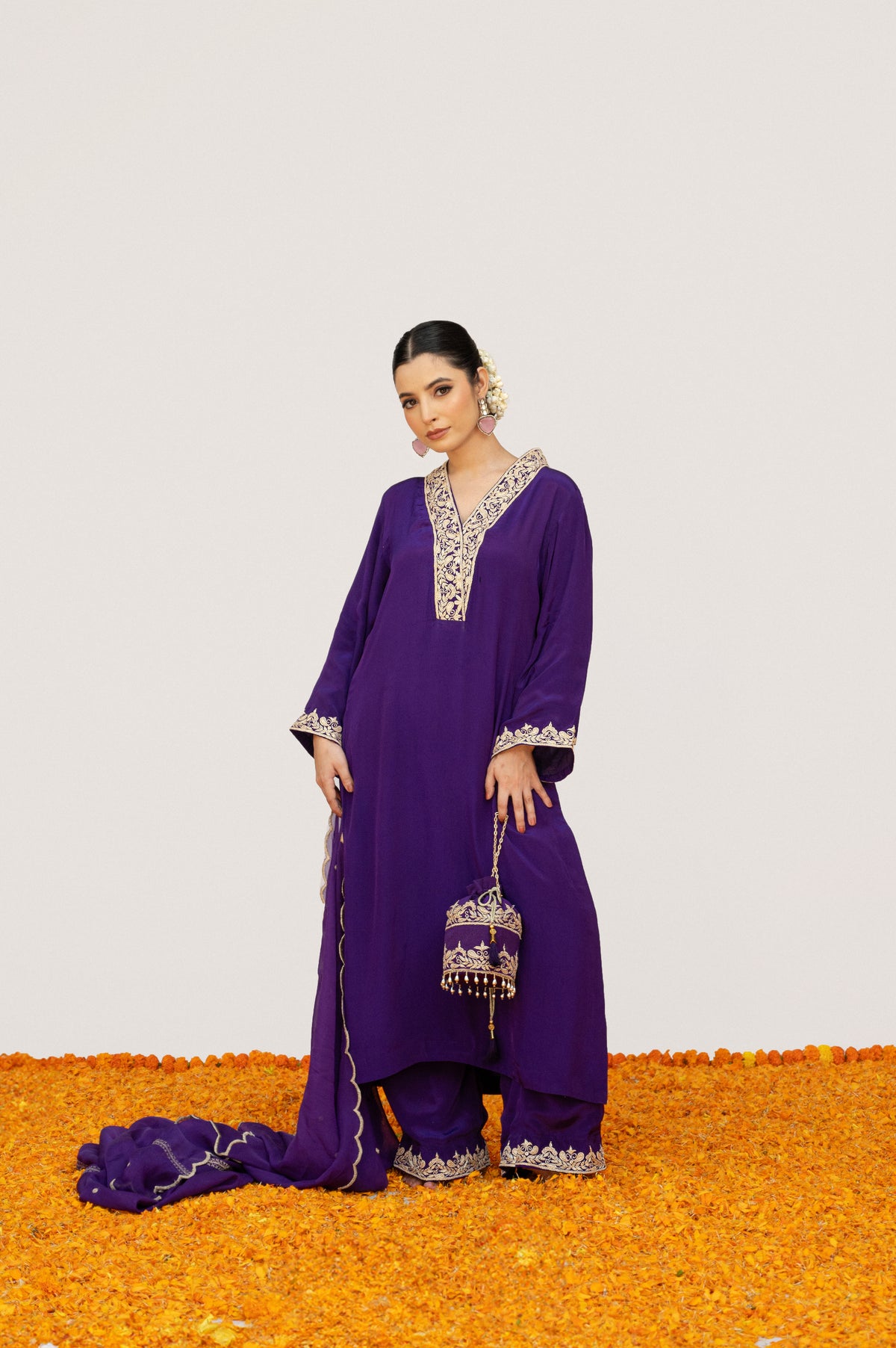 Dark Purple Crepe Tilla Suit with Potli