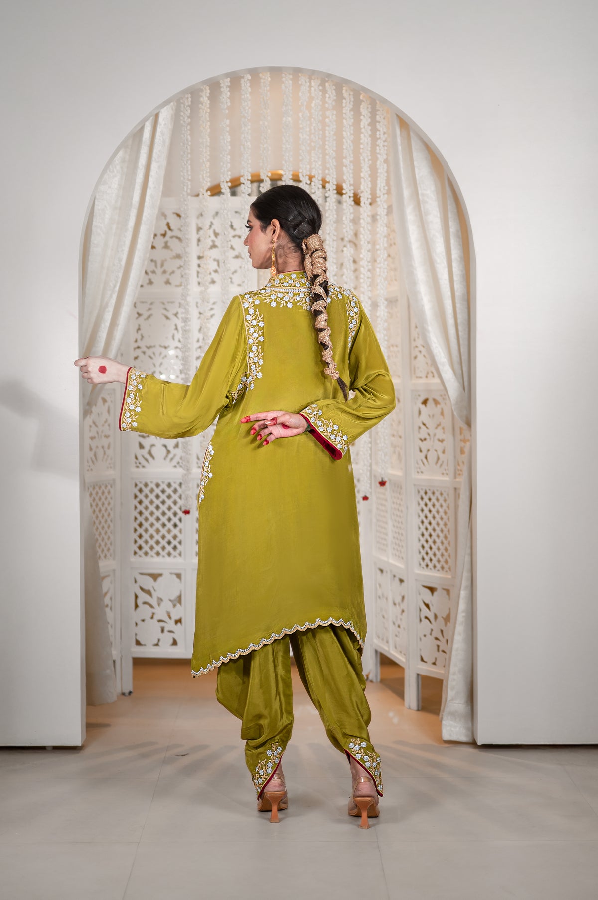 Gulnaar | Mehendi Green Embroidered Pheran with Dhoti Pants