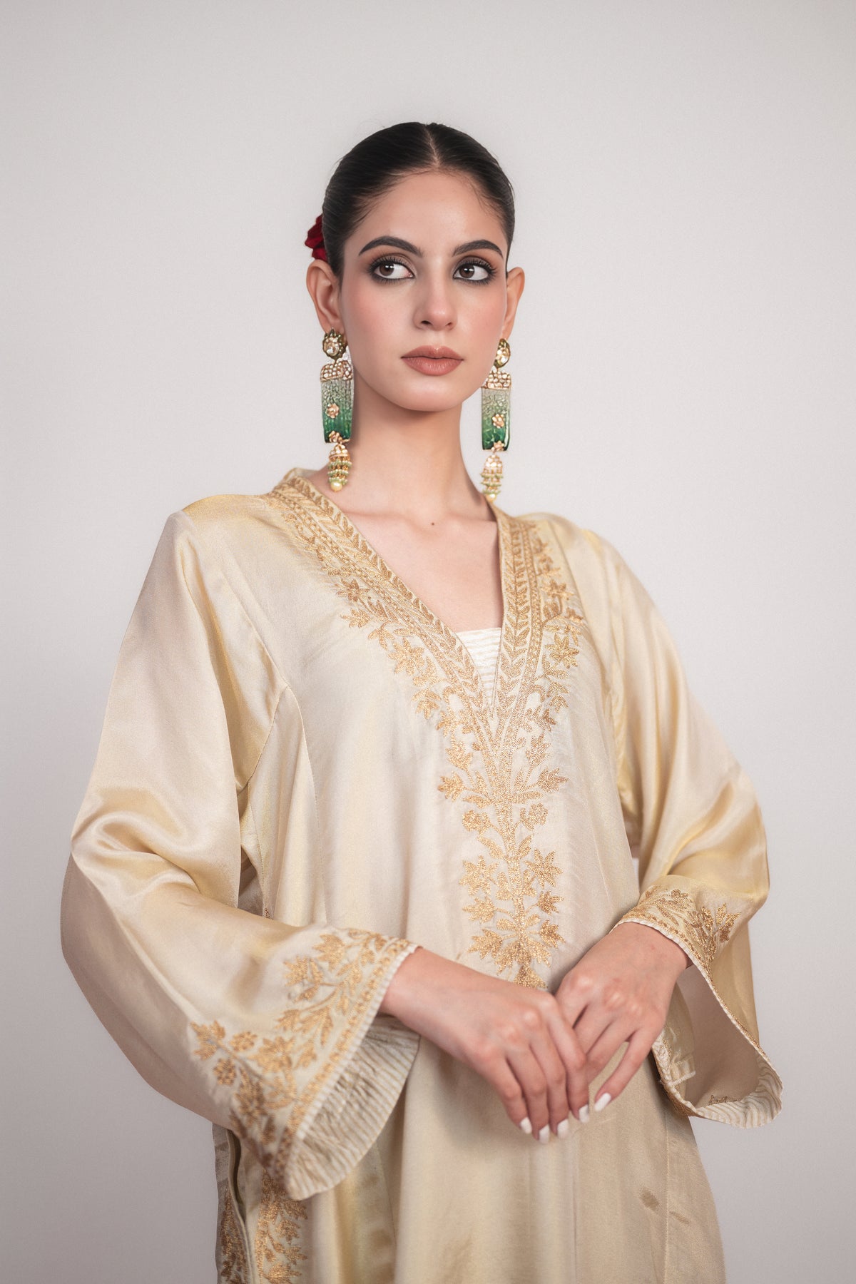 Aftab-e-Shaam | Ivory Embroidered Satin Tissue Pheran Set