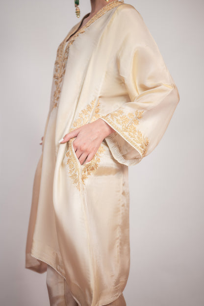 Aftab-e-Shaam | Ivory Embroidered Satin Tissue Pheran Set