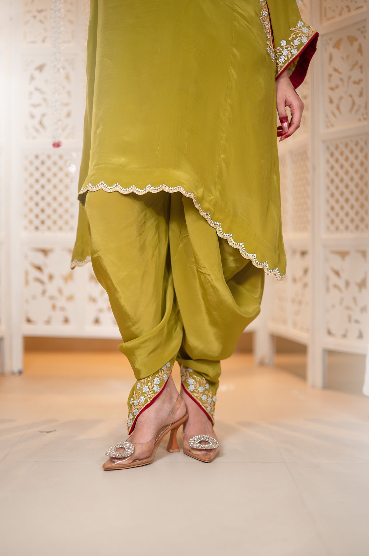 Gulnaar | Mehendi Green Embroidered Pheran with Dhoti Pants