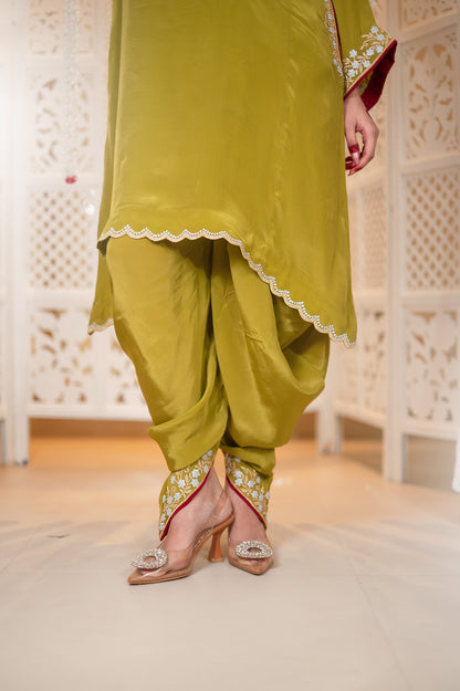 Gulnaar | Mehendi Green Embroidered Pheran with Dhoti Pants