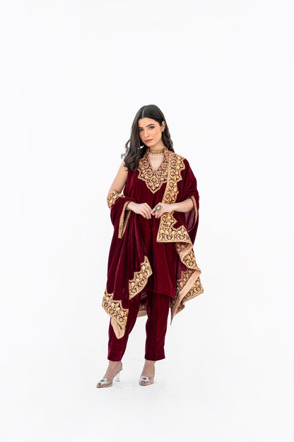 Maroon velvet minar cape set