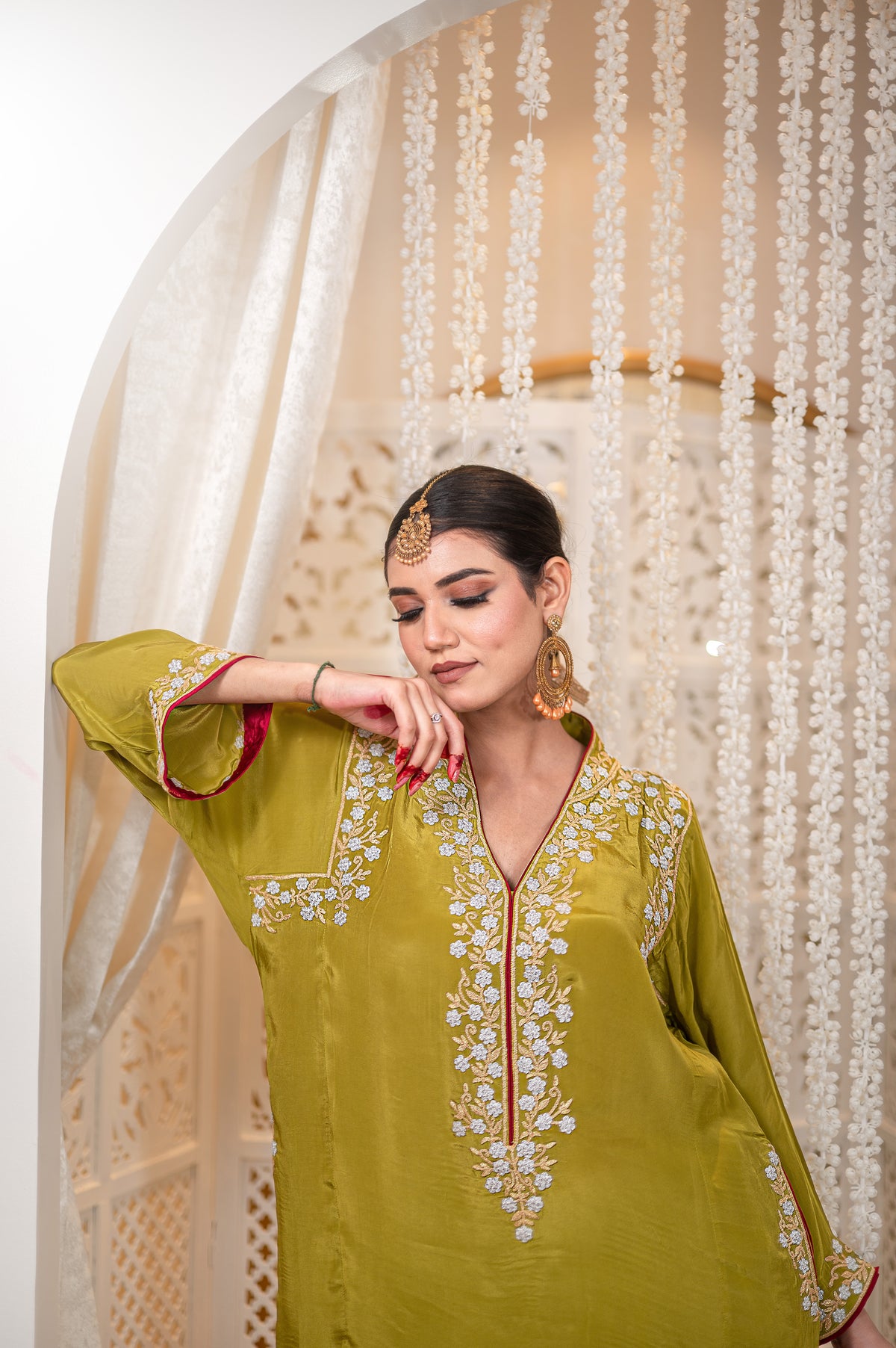 Gulnaar | Mehendi Green Embroidered Pheran with Dhoti Pants