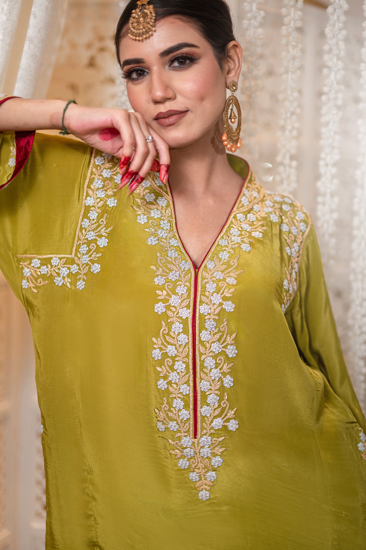 Gulnaar | Mehendi Green Embroidered Pheran with Dhoti Pants