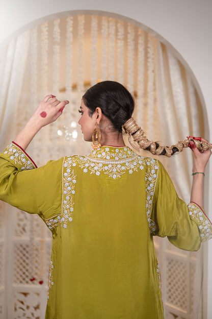 Gulnaar | Mehendi Green Embroidered Pheran with Dhoti Pants