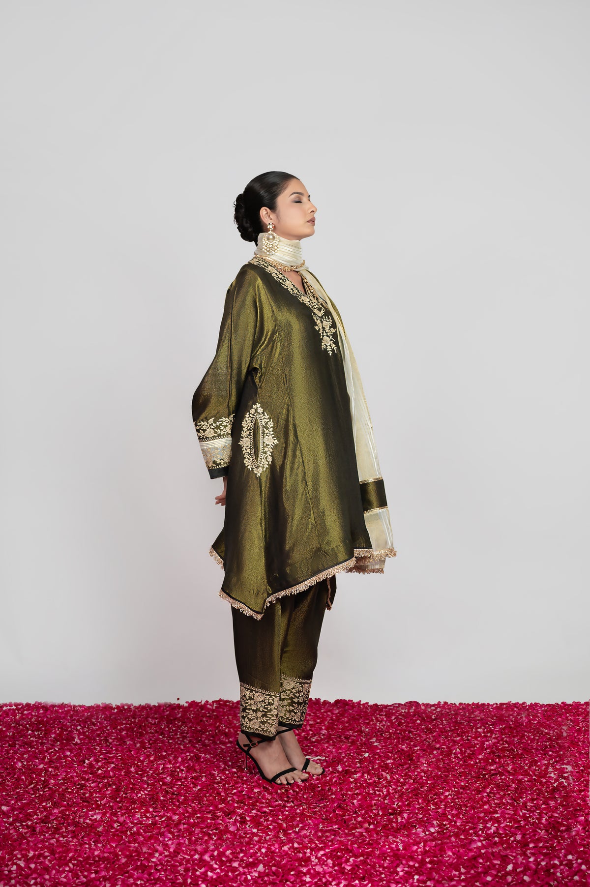 Rang-e-Shab | Deep Forest Embroidered Suit With Stripes Dupatta