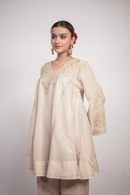 Noor-e-Shaam | Beige Embroidered Tissue Pheran Set