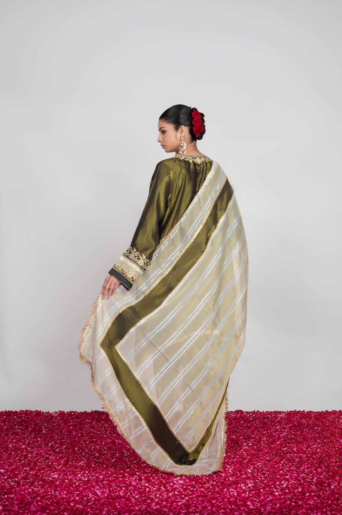 Rang-e-Shab | Deep Forest Embroidered Suit With Stripes Dupatta