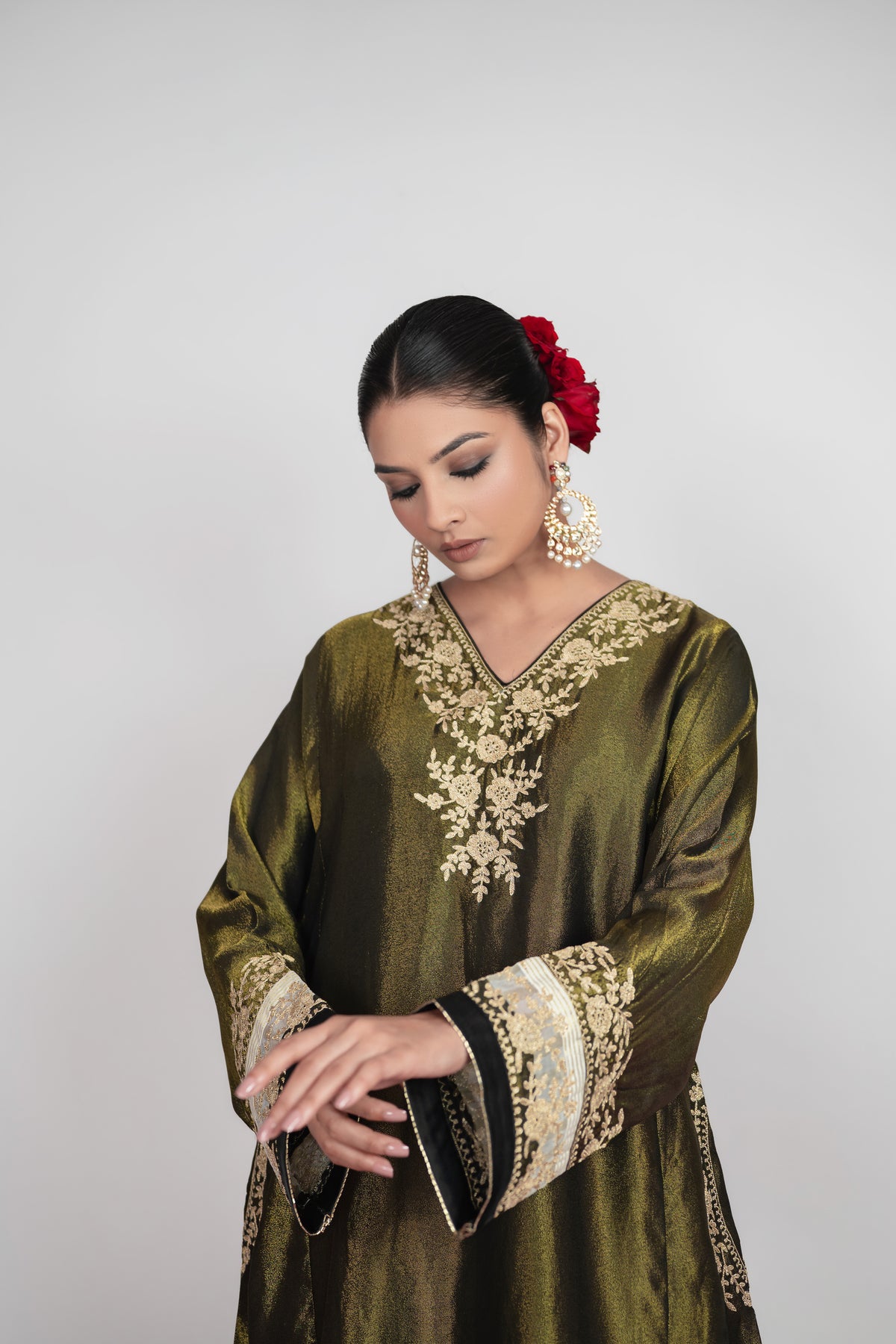 Rang-e-Shab | Deep Forest Embroidered Suit With Stripes Dupatta