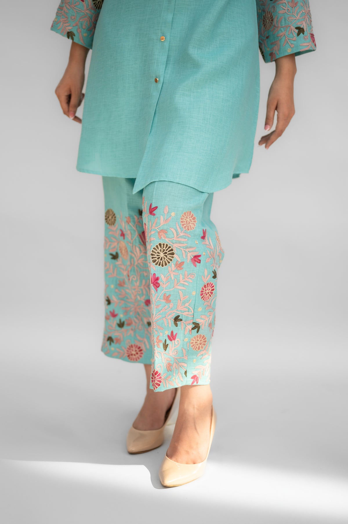 Aqua Blue Linen Collared Co-ord Set