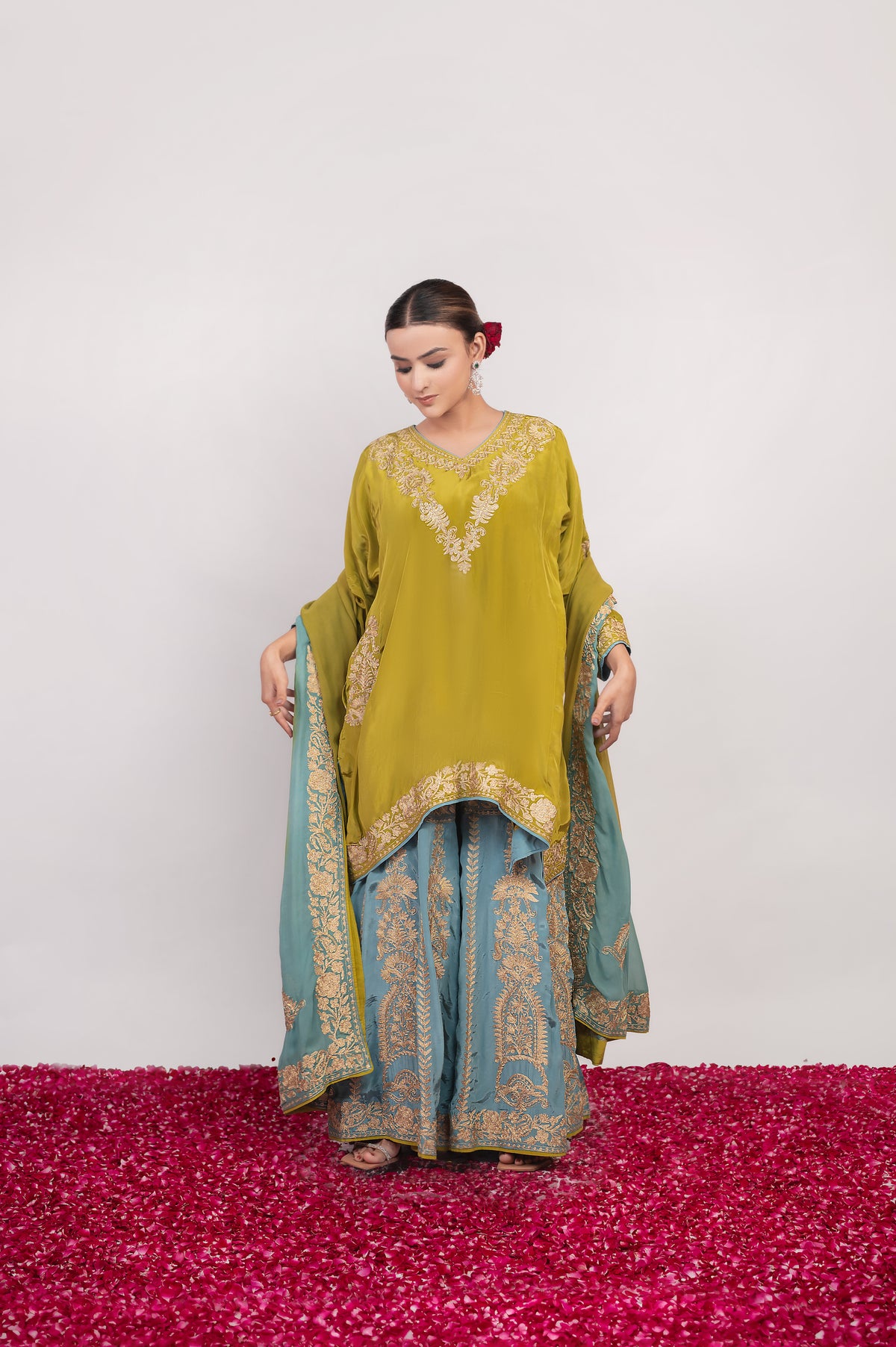 Rang-e-Shafaq | Green Blue Double Colour Embroidered Sharara Suit