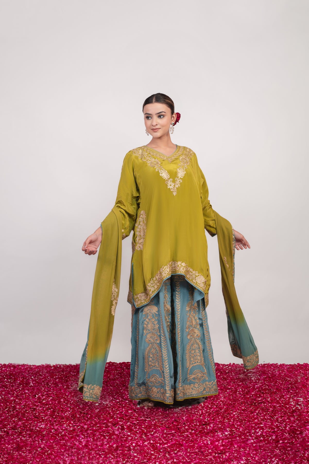 Rang-e-Shafaq | Green Blue Double Colour Embroidered Sharara Suit