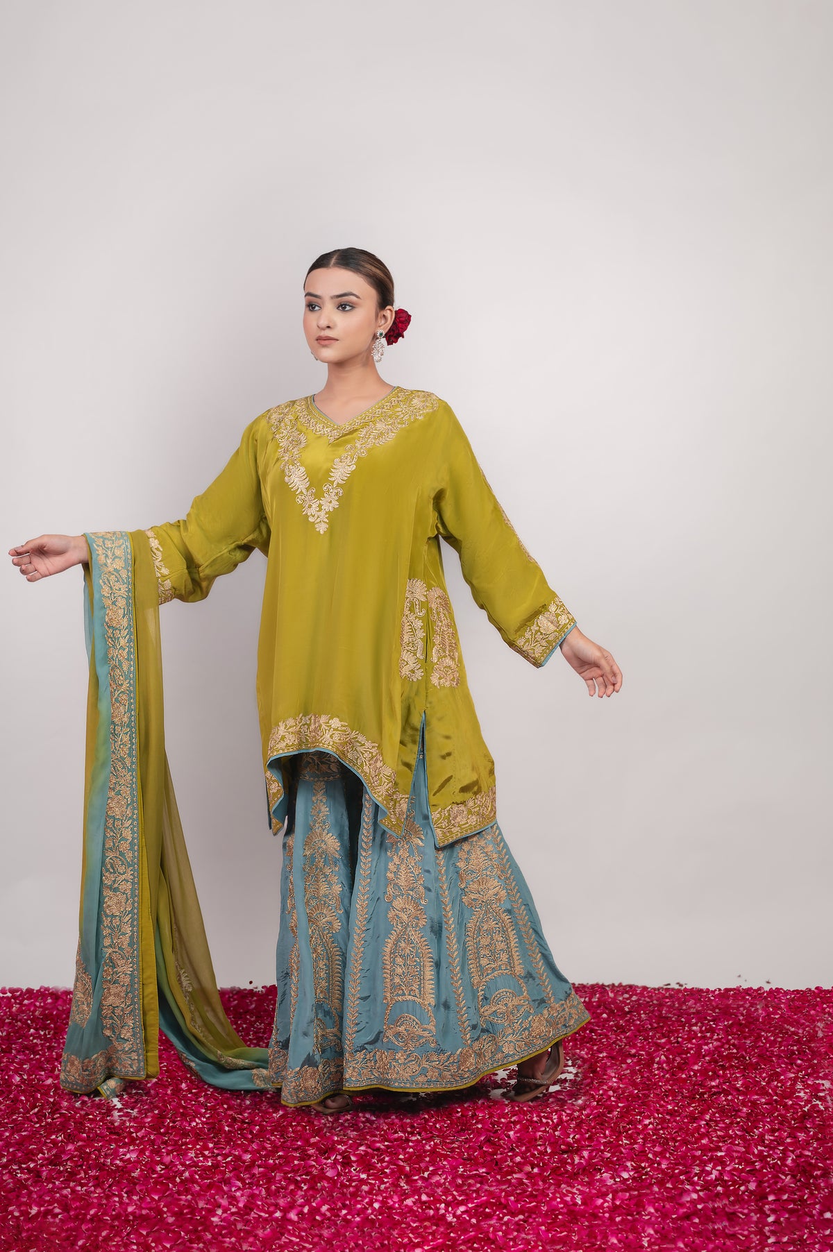 Rang-e-Shafaq | Green Blue Double Colour Embroidered Sharara Suit