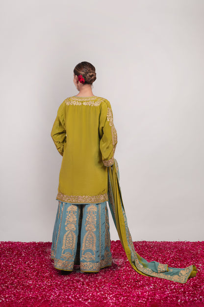 Rang-e-Shafaq | Green Blue Double Colour Embroidered Sharara Suit