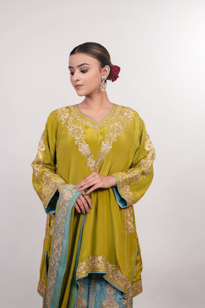 Rang-e-Shafaq | Green Blue Double Colour Embroidered Sharara Suit
