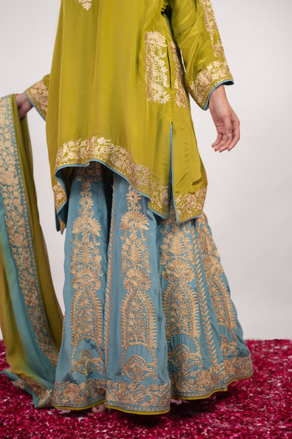 Rang-e-Shafaq | Green Blue Double Colour Embroidered Sharara Suit