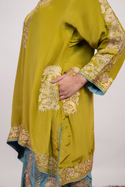 Rang-e-Shafaq | Green Blue Double Colour Embroidered Sharara Suit