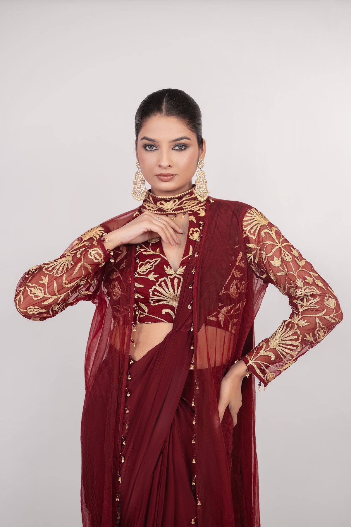 Aatish-e-Shaam | Maroon Embroidered Saree With Jacket