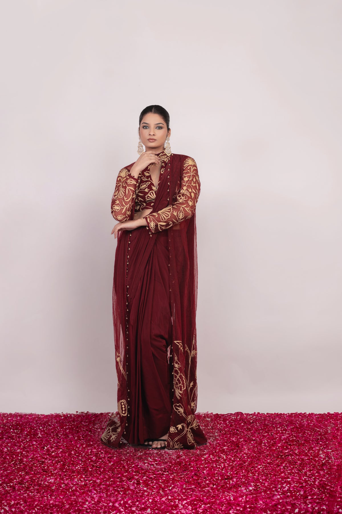 Aatish-e-Shaam | Maroon Embroidered Saree With Jacket