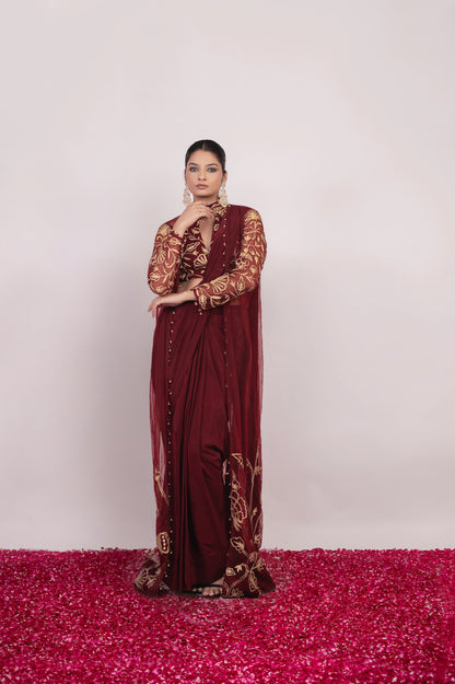 Aatish-e-Shaam | Maroon Embroidered Saree With Jacket