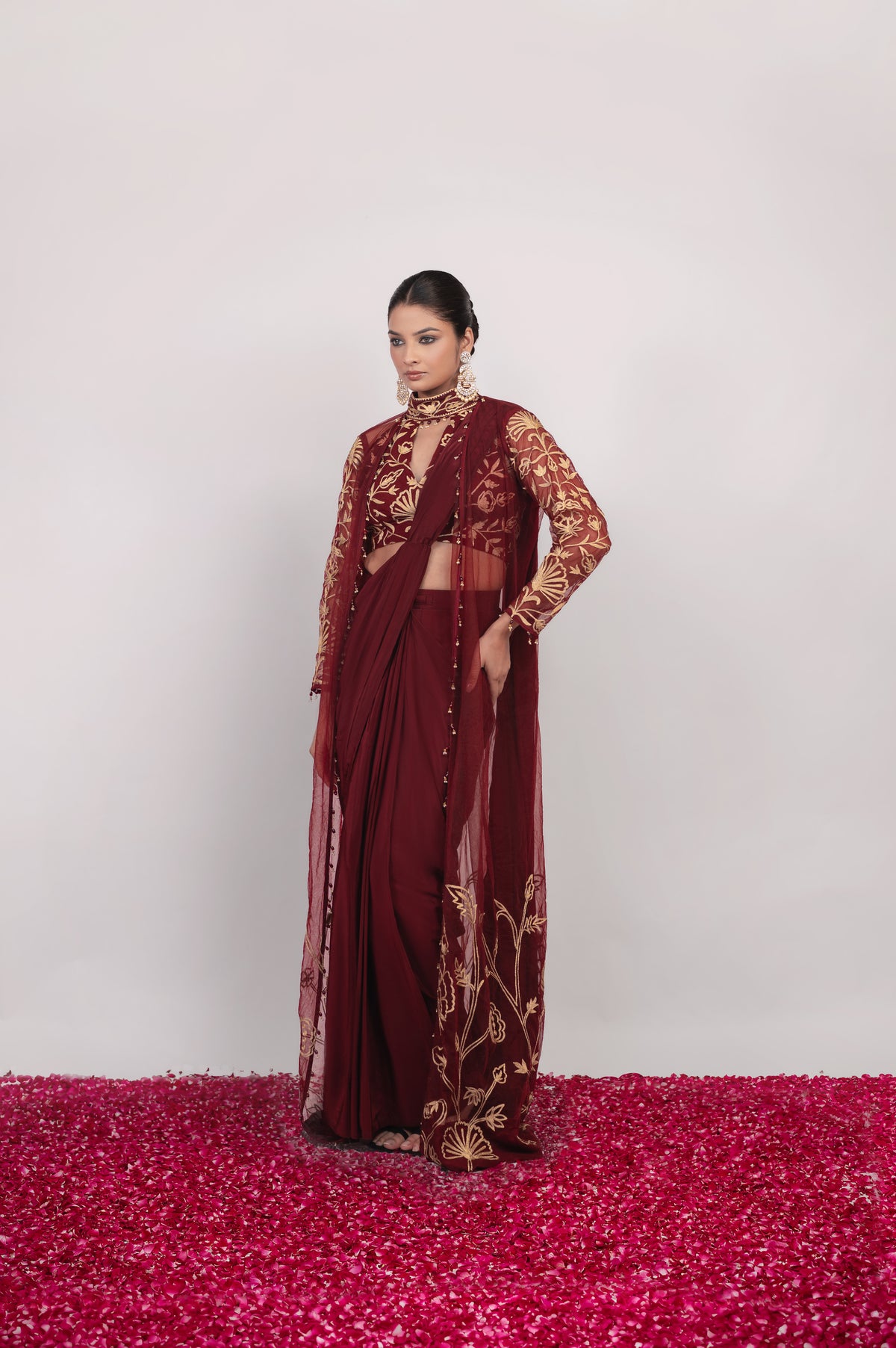 Aatish-e-Shaam | Maroon Embroidered Saree With Jacket
