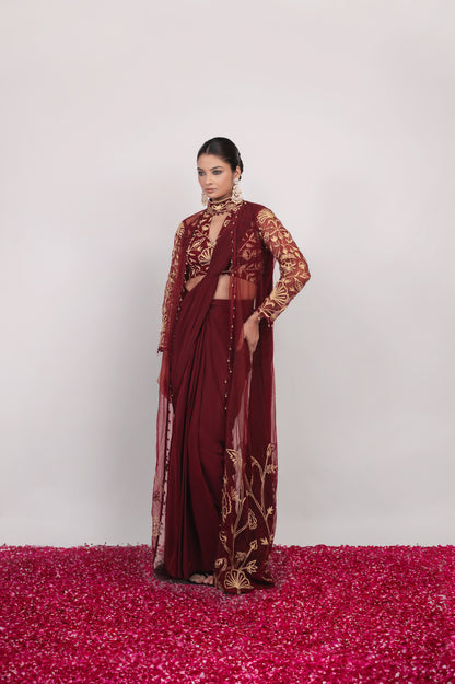 Aatish-e-Shaam | Maroon Embroidered Saree With Jacket