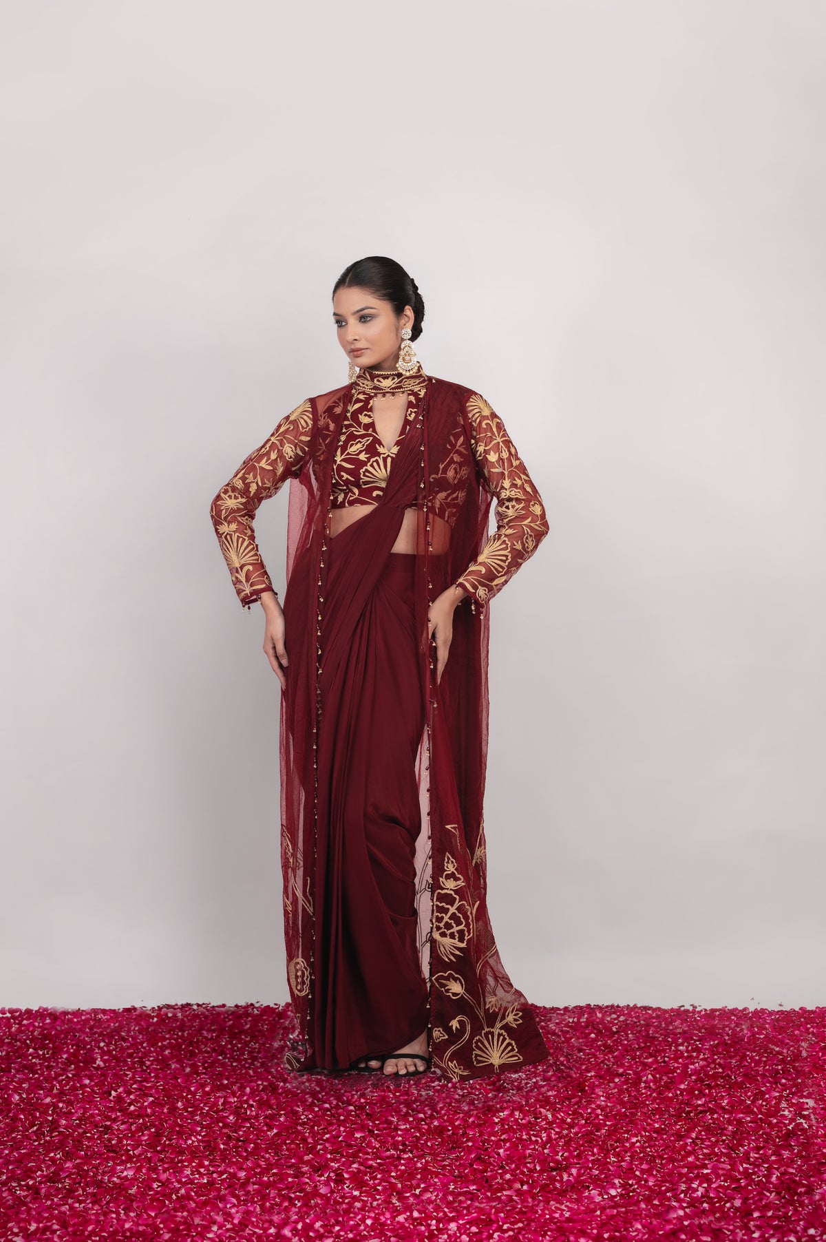 Aatish-e-Shaam | Maroon Embroidered Saree With Jacket
