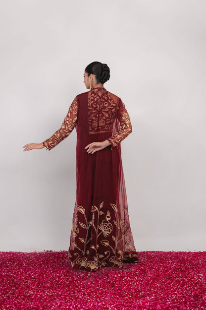 Aatish-e-Shaam | Maroon Embroidered Saree With Jacket