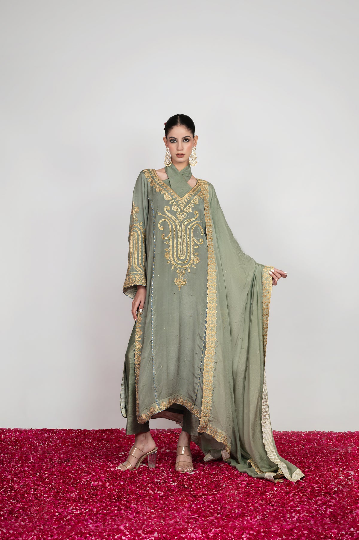 Saba-e-Shaam | Powder Grey Mukaish Embroidered Suit