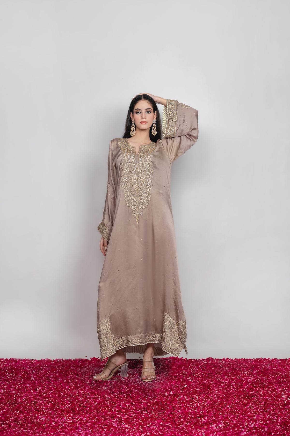 Gul-e-Shaam | Taupe Kashmiri Embroidered Kaftan