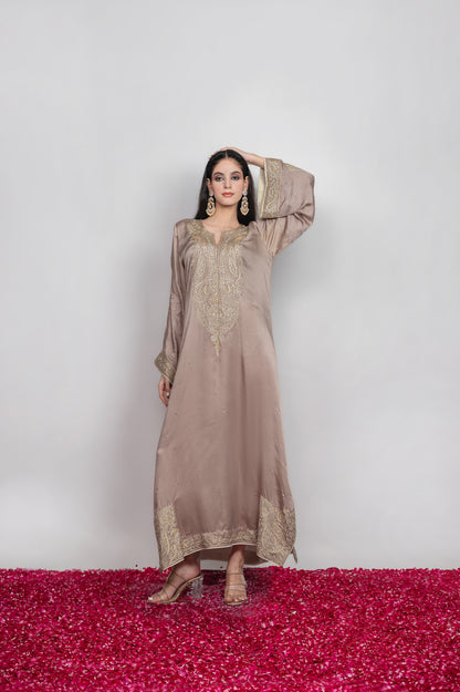 Gul-e-Shaam | Taupe Kashmiri Embroidered Kaftan