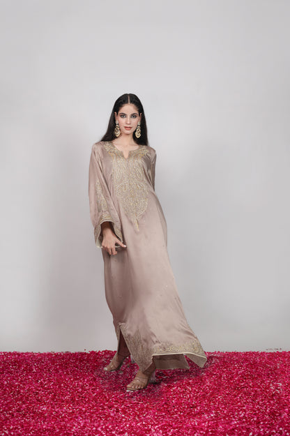 Gul-e-Shaam | Taupe Kashmiri Embroidered Kaftan