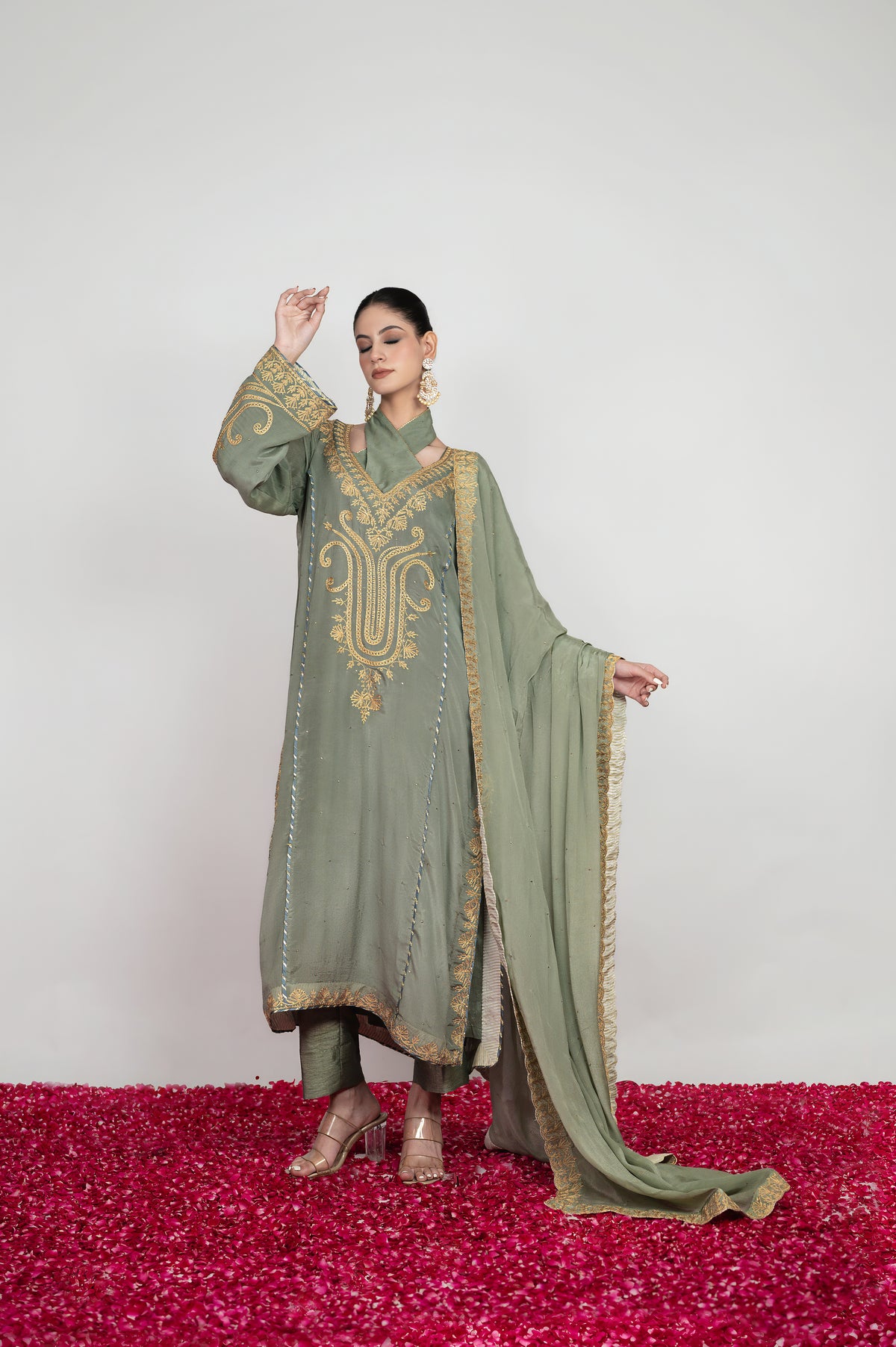 Saba-e-Shaam | Powder Grey Mukaish Embroidered Suit