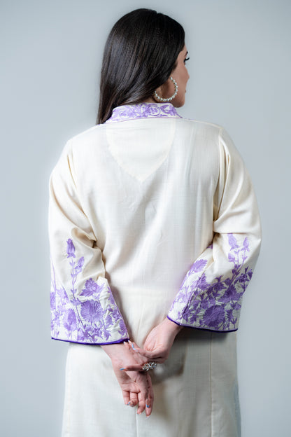 Off White Cotton Phiran Set With Purple Aari Embroidery
