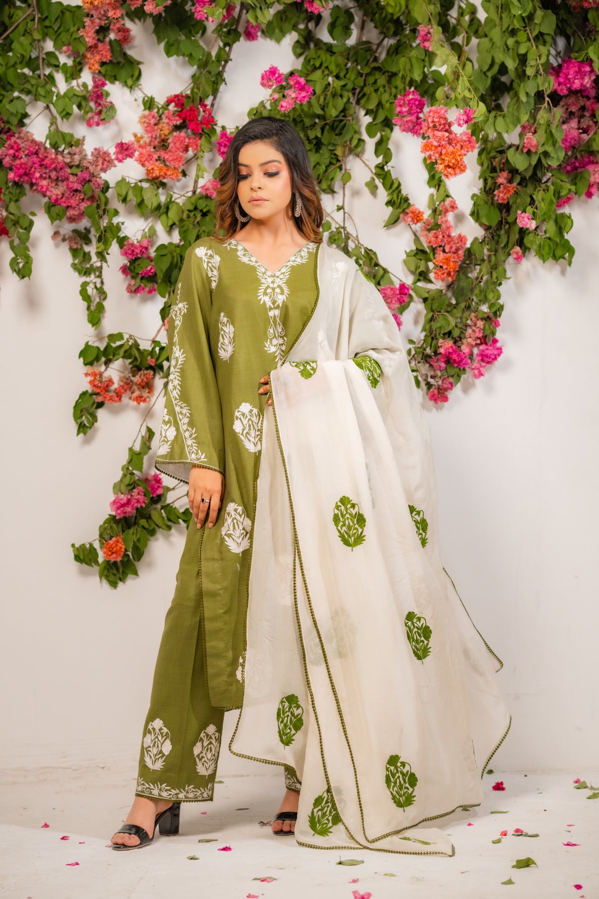 Olive Green Cotton Suit with White Aari Embroidery
